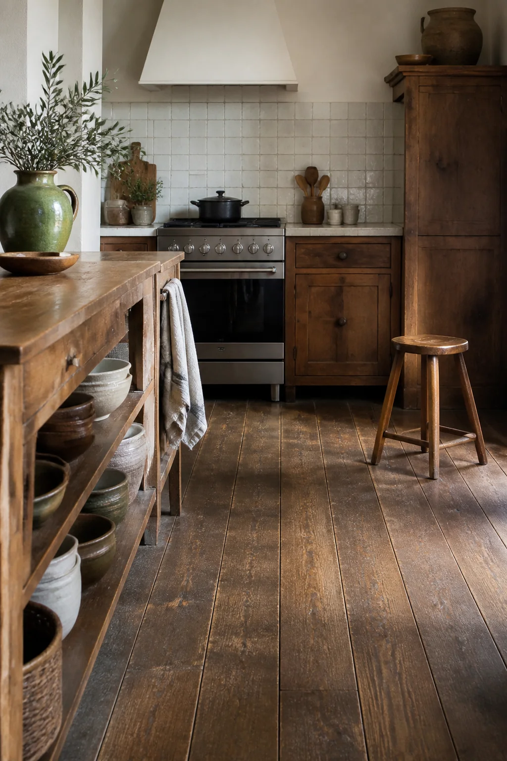 Lay wood flooring in a simple pattern, or keep existing stone floors