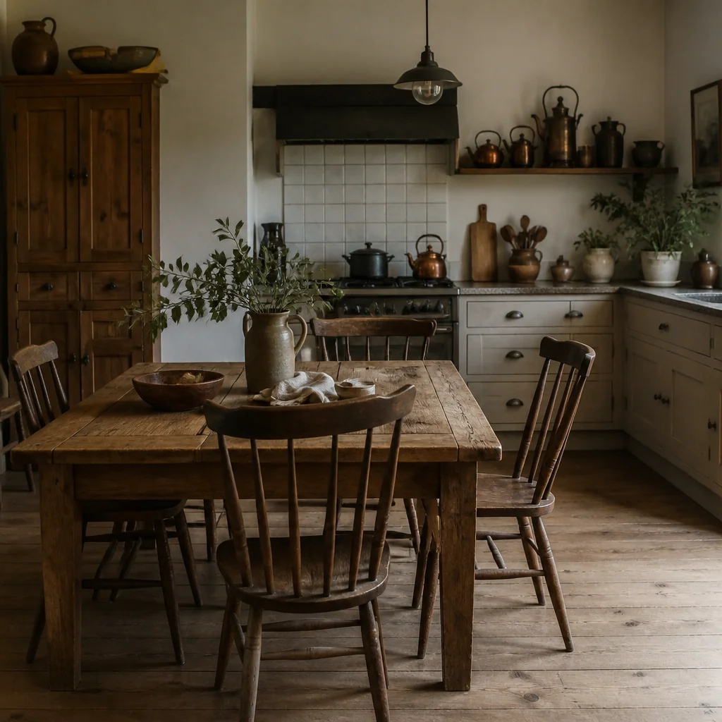 Use a large wooden table or farm table for dining, attached or separate