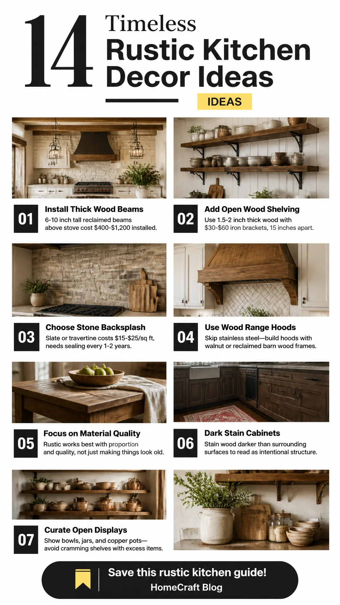 14 Timeless Rustic Kitchen Decor Ideas With Natural Wood and Stone — visual summary