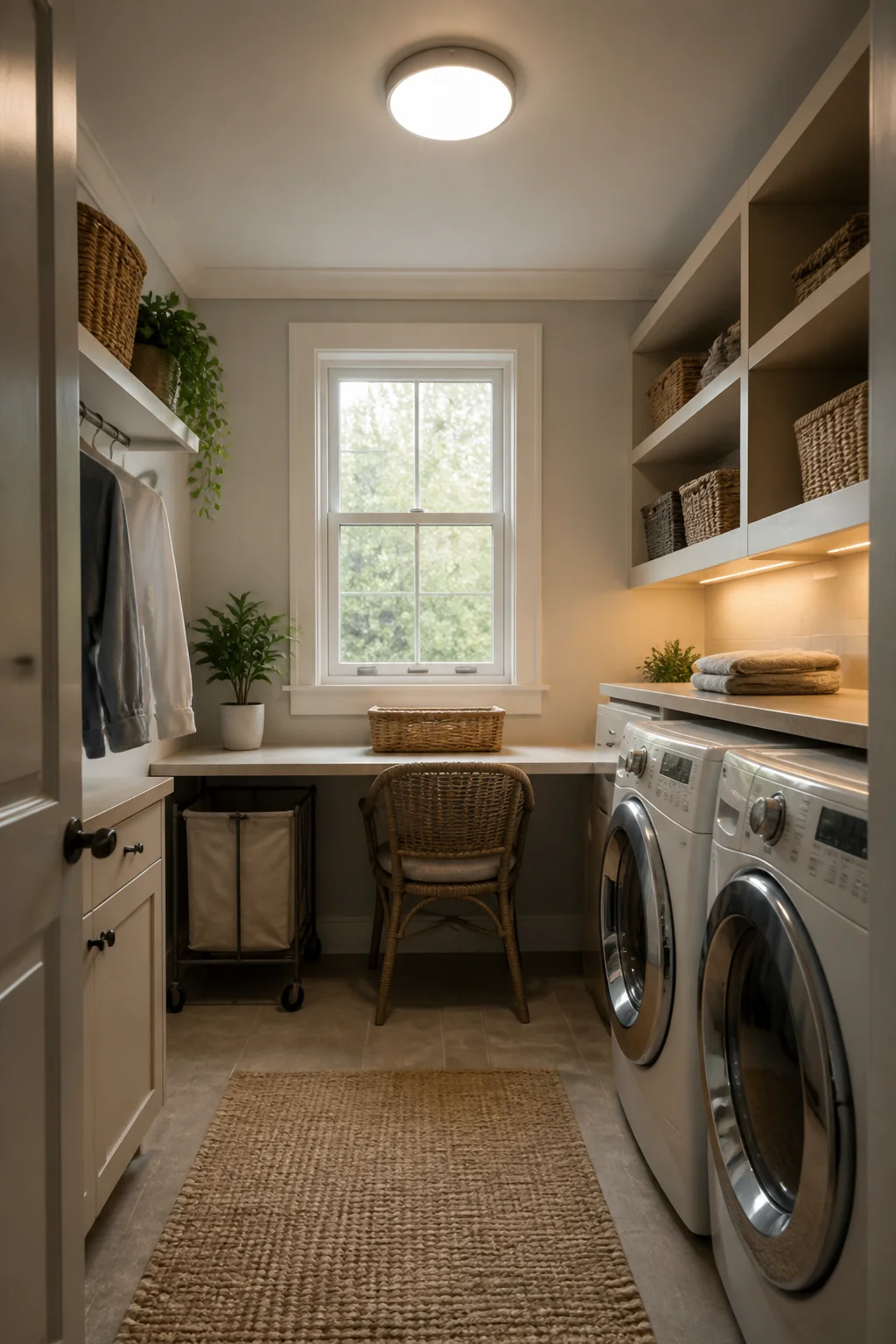 Install a single bright overhead light plus task lighting
