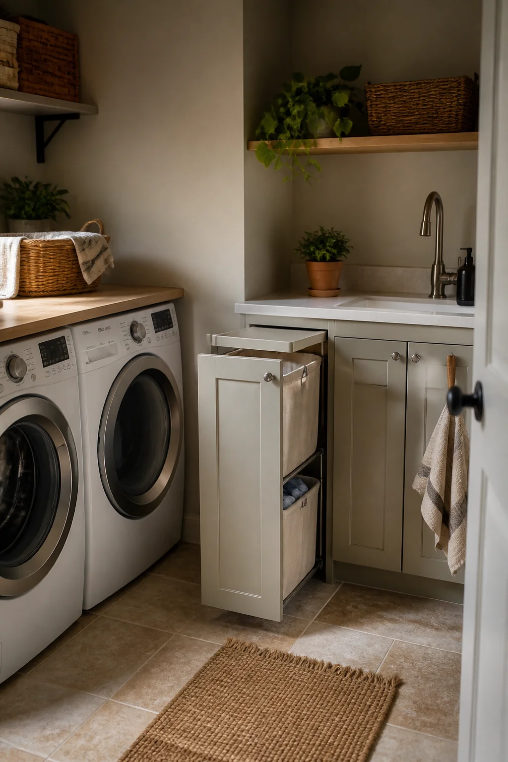 Use a slim laundry sorter cabinet