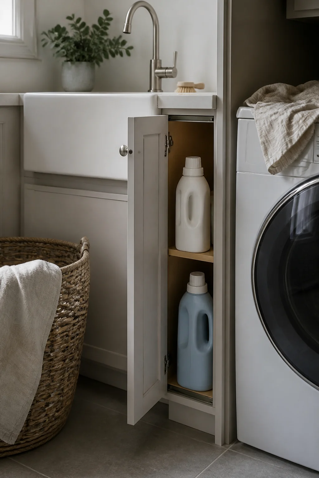 Get a narrow under-sink cabinet for bottles