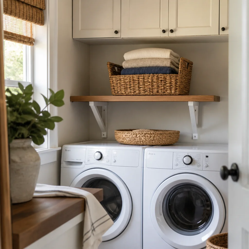 Mount a small shelf for a basket of folded items