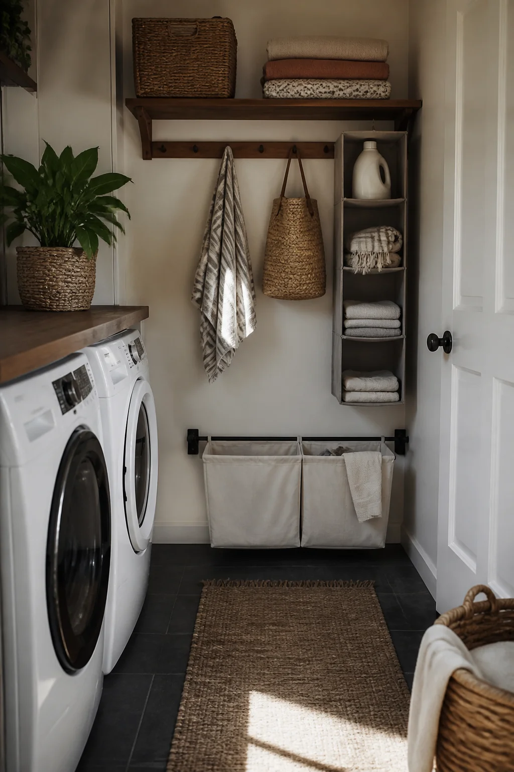 Hang a rod at ankle height for a hanging hamper