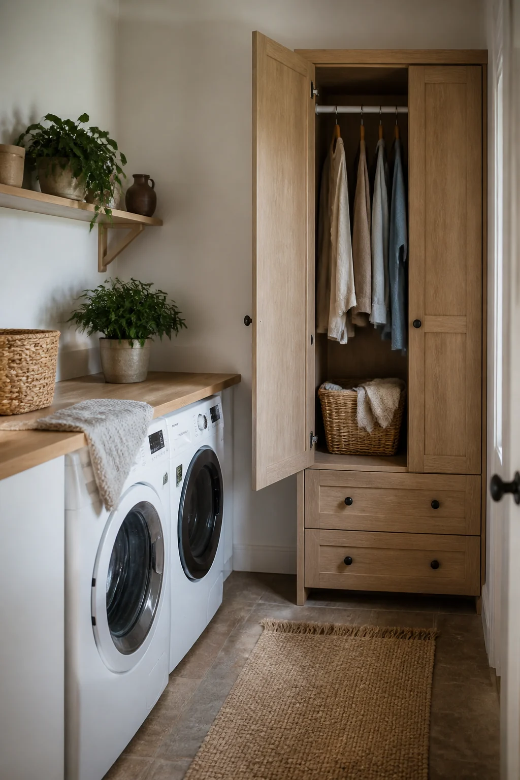 Add a tension rod inside a cabinet for hanging clothes