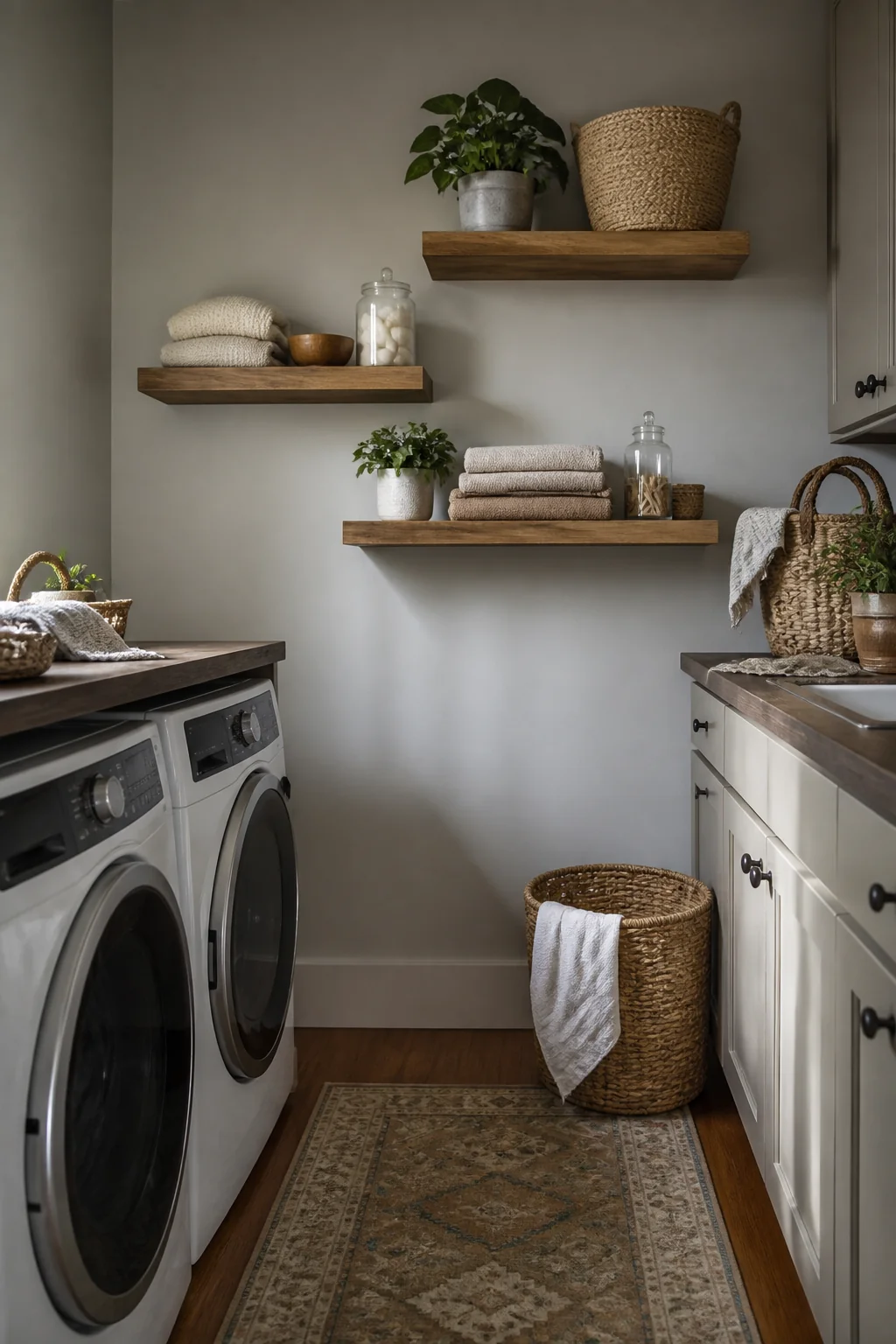 Hang floating shelves at different heights for visual interest