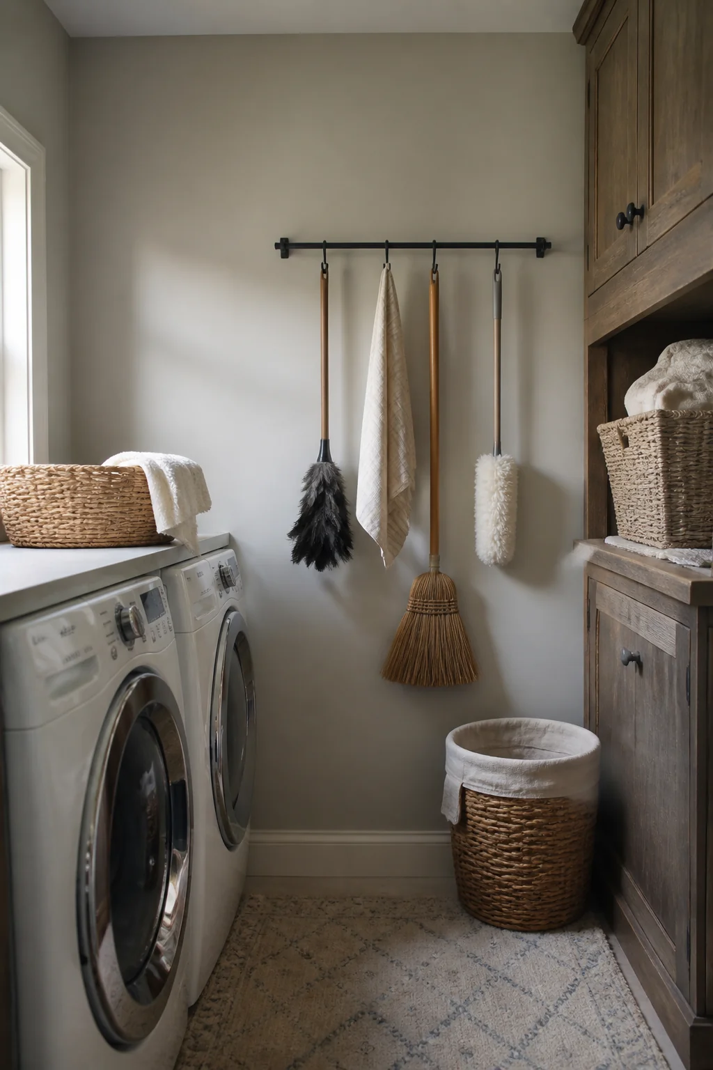 Use a tension rod to hang cleaning tools