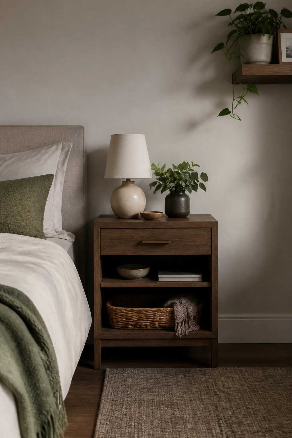 Nightstand with open shelves and a drawer