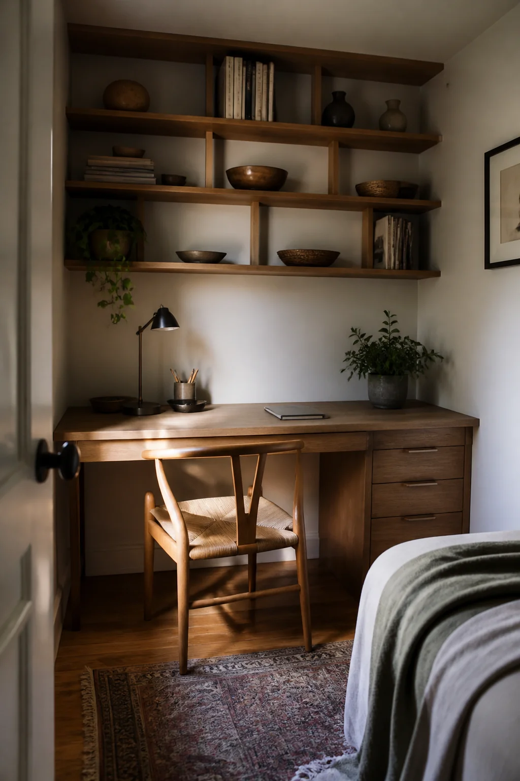 Desk with shelves built above it