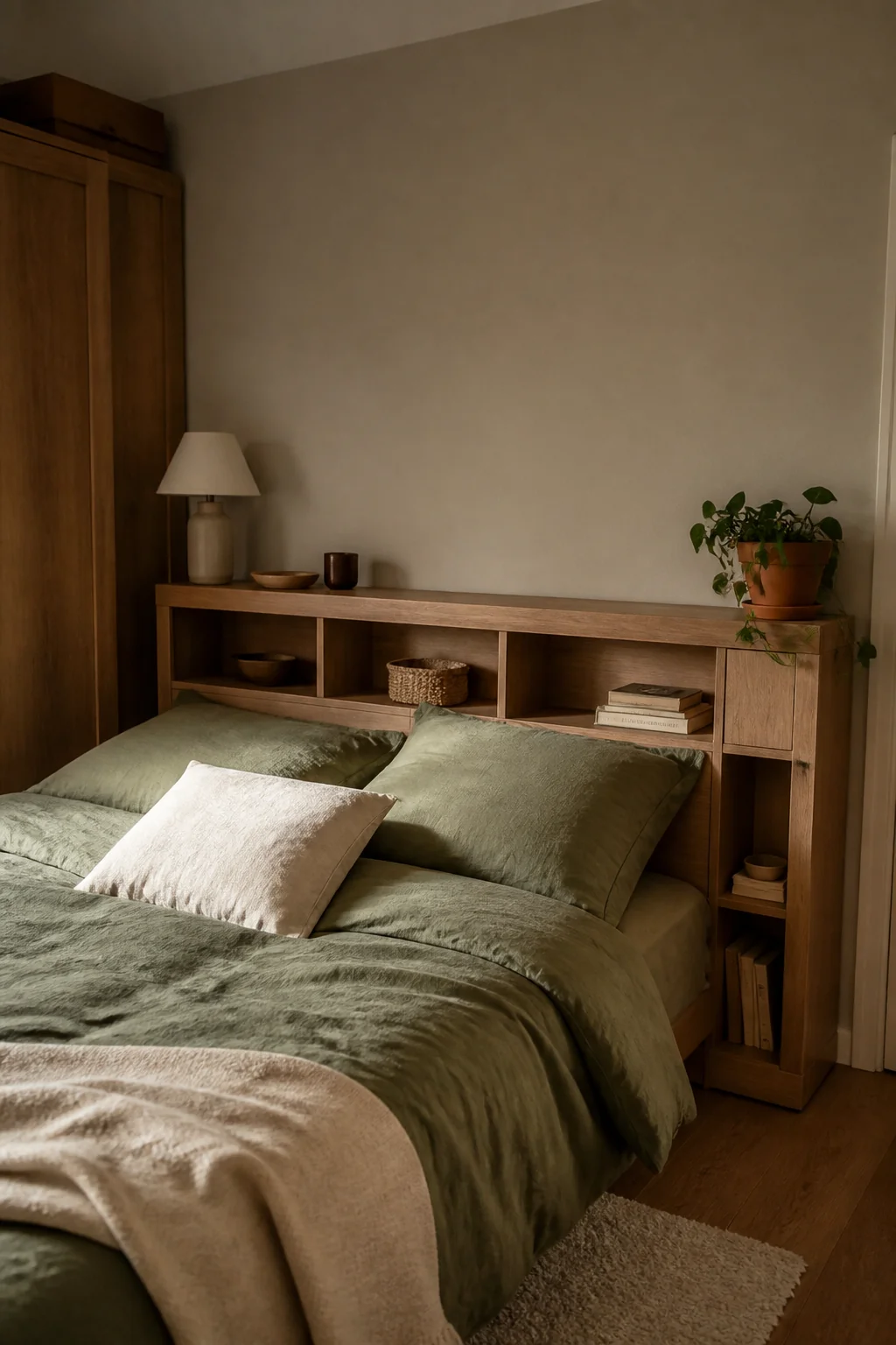 Storage headboard with built-in shelves