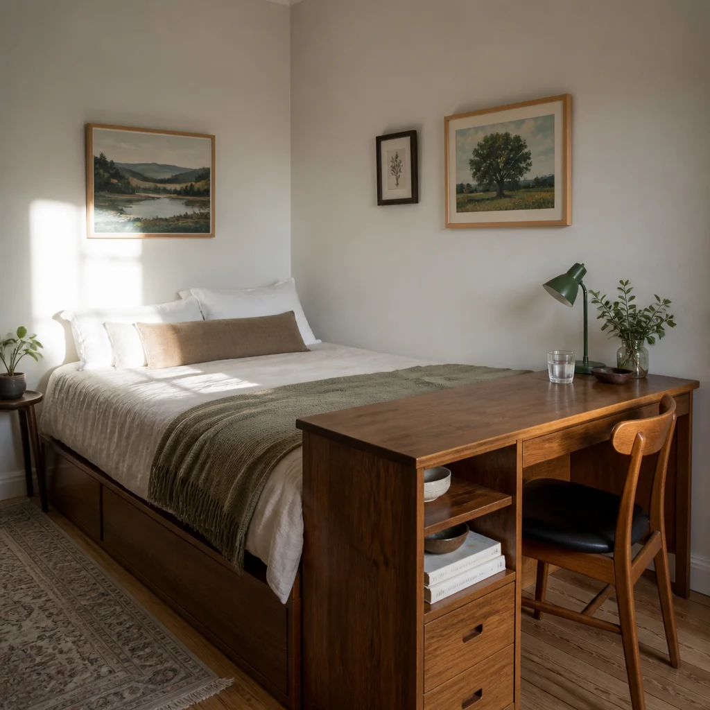 Bed with a built-in desk at the foot