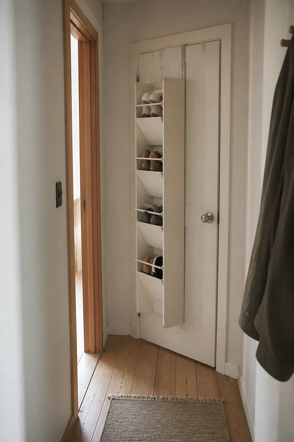 Slim vertical shoe cabinet that fits behind a door