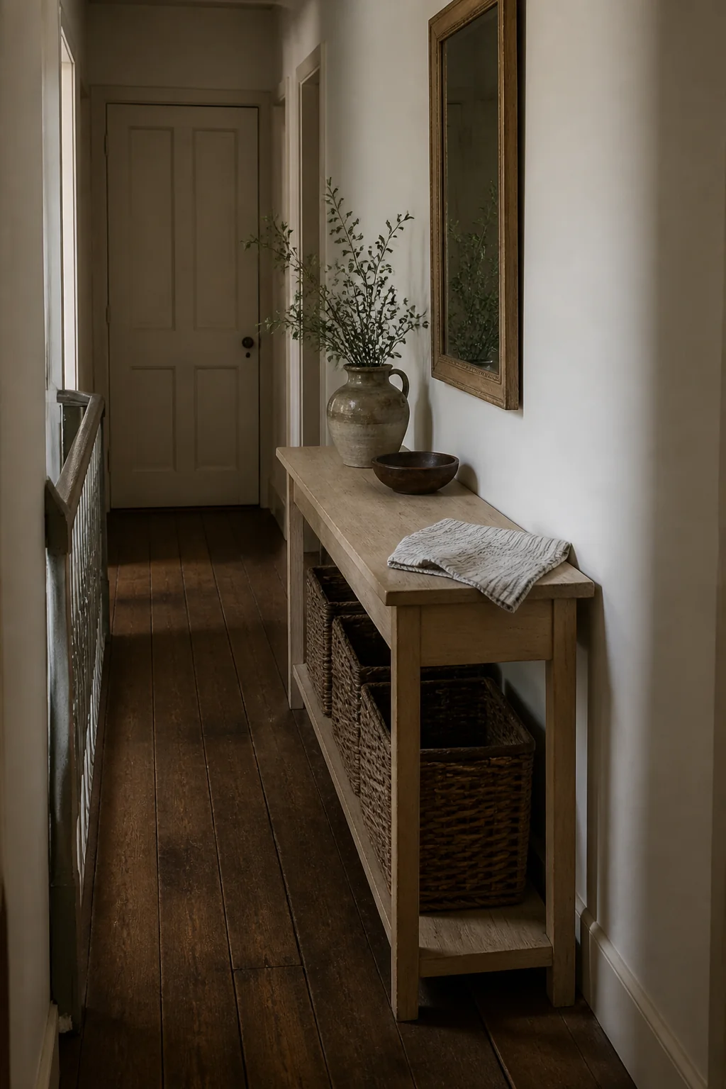 Narrow console with pull-out baskets underneath