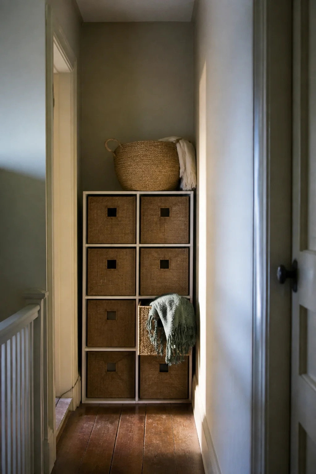 Stacked storage cubes in a corner nook