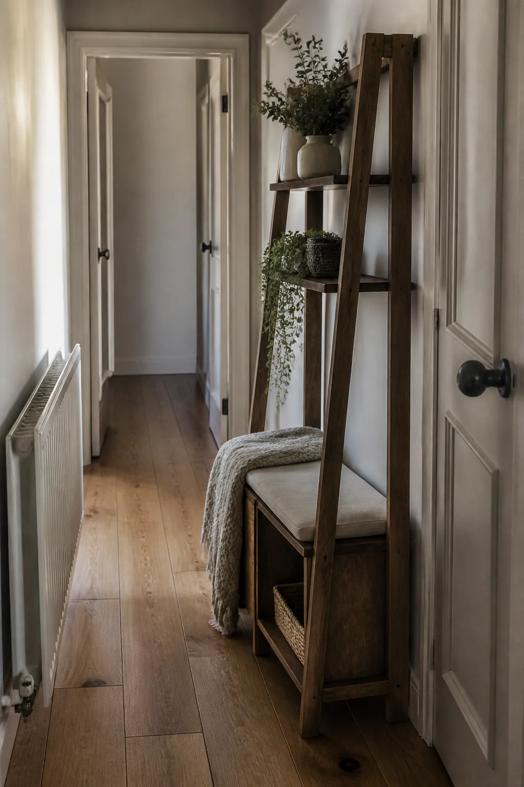 Slim ladder shelf with open storage and a bench seat