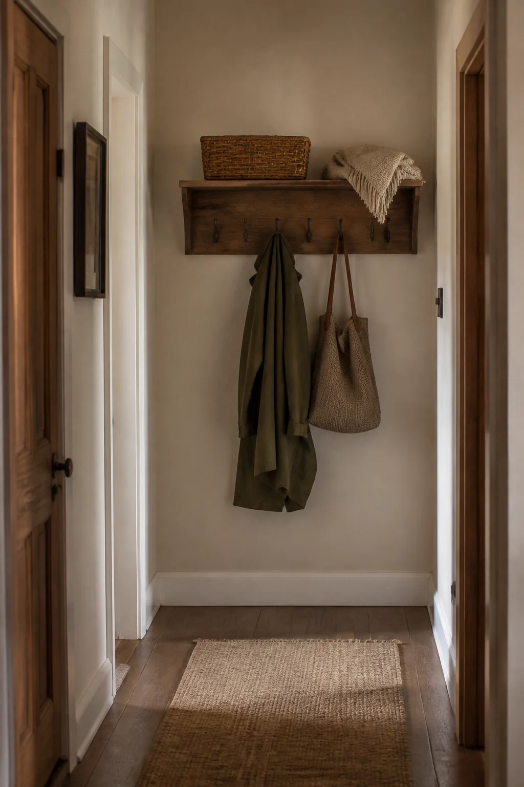 Wall-mounted coat rack with integrated hooks and a shelf
