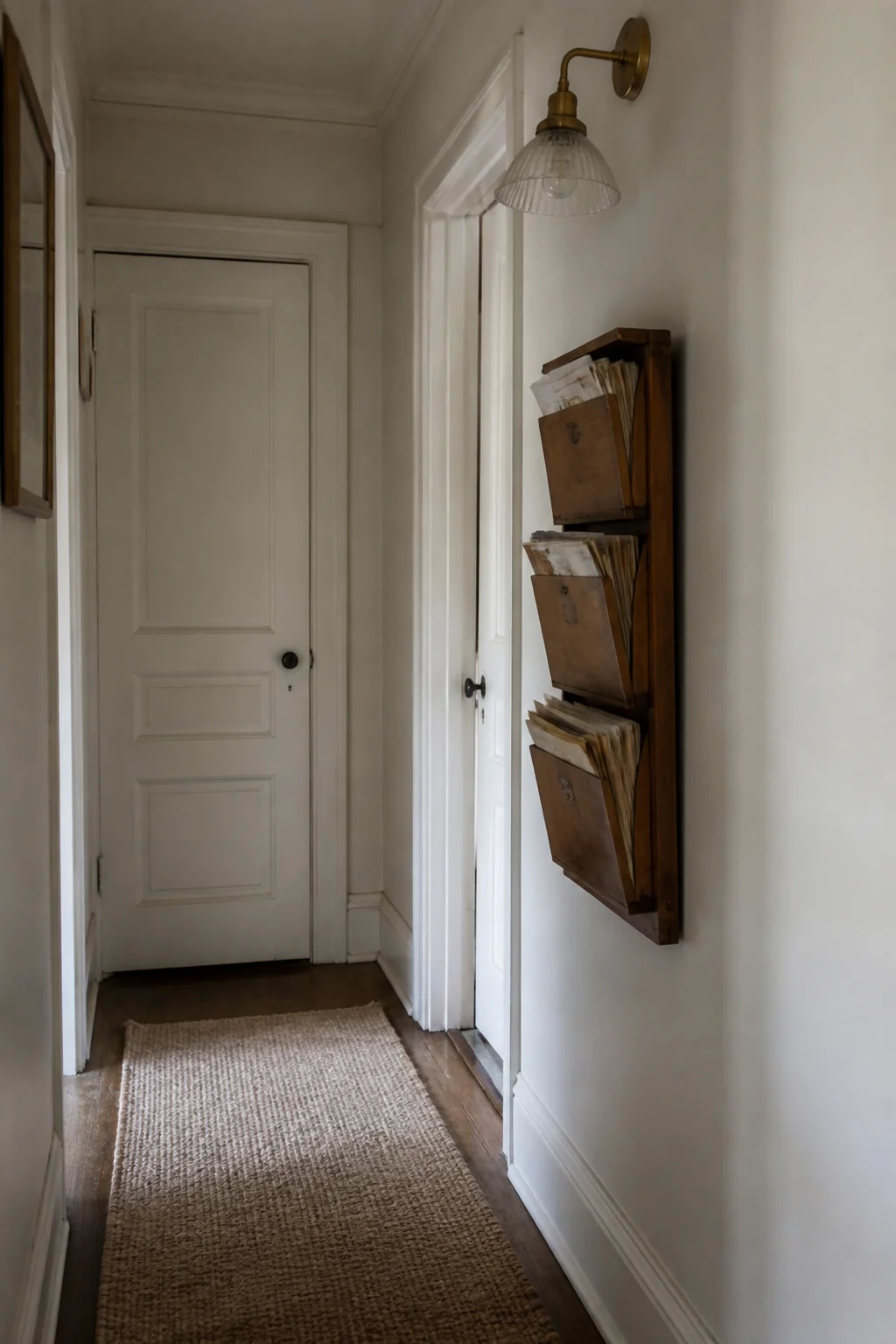Thin wall-mounted filing cabinet for mail and paperwork