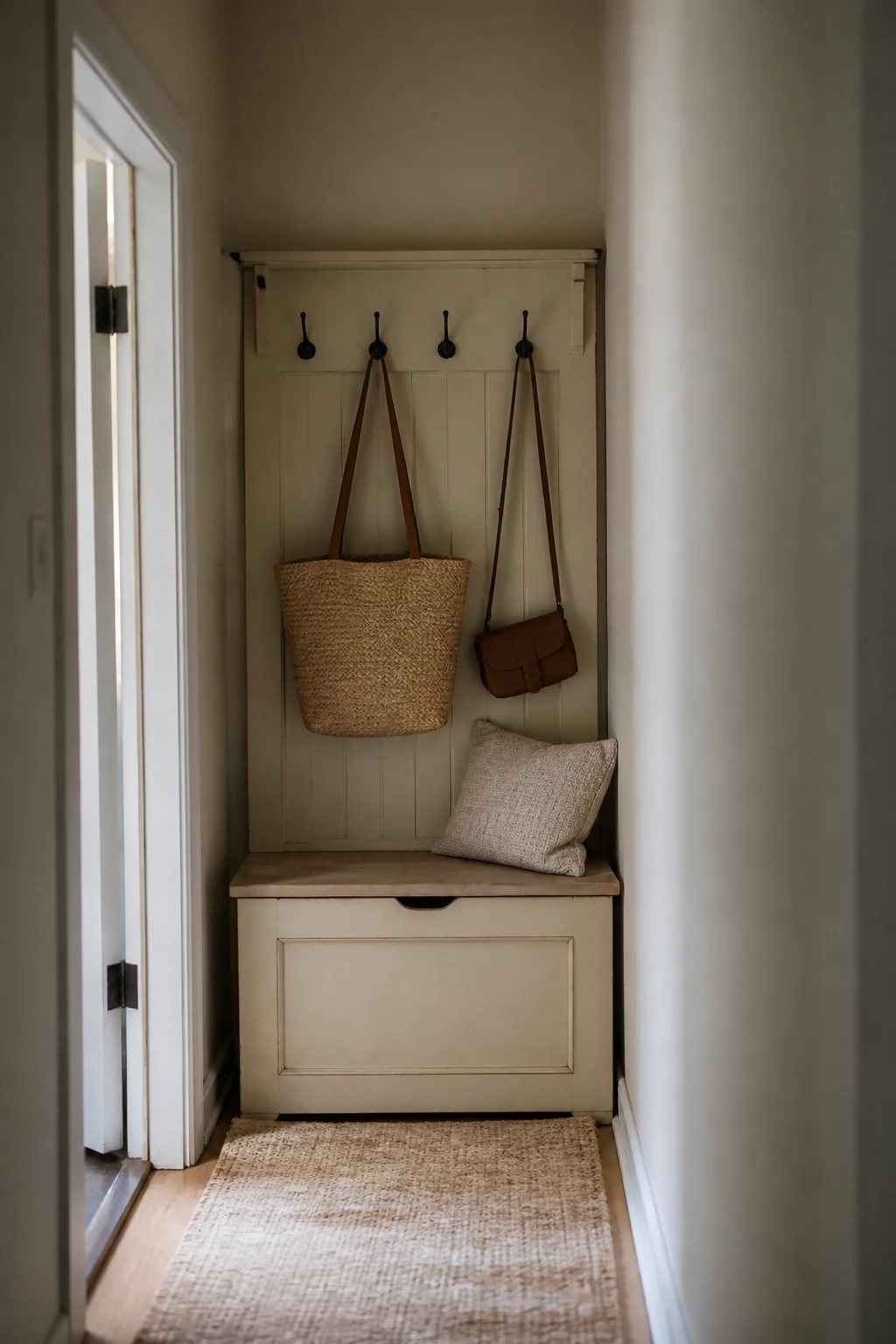 Bench with hidden storage and a back for hanging bags