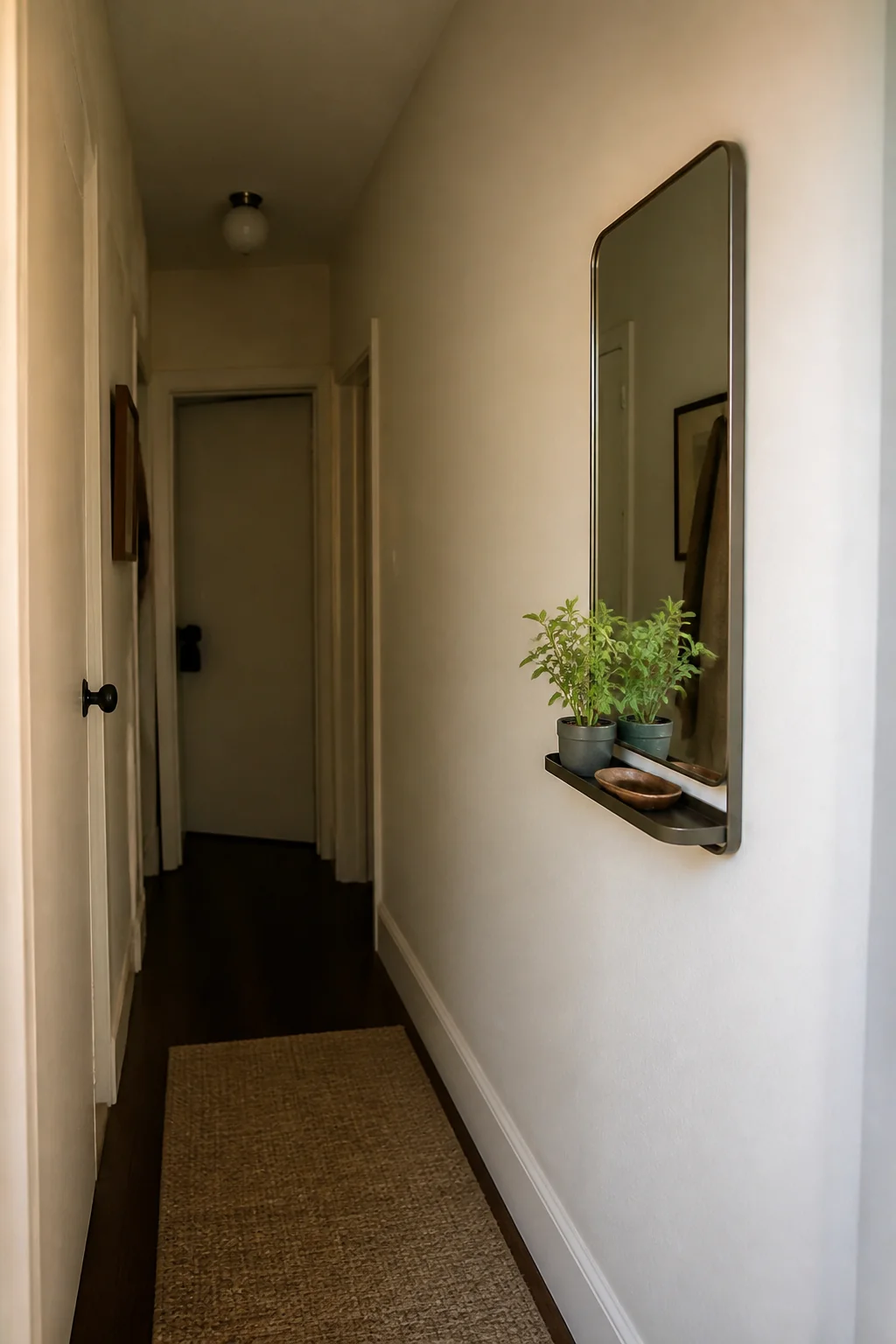 Mirror with a thin shelf frame for double duty