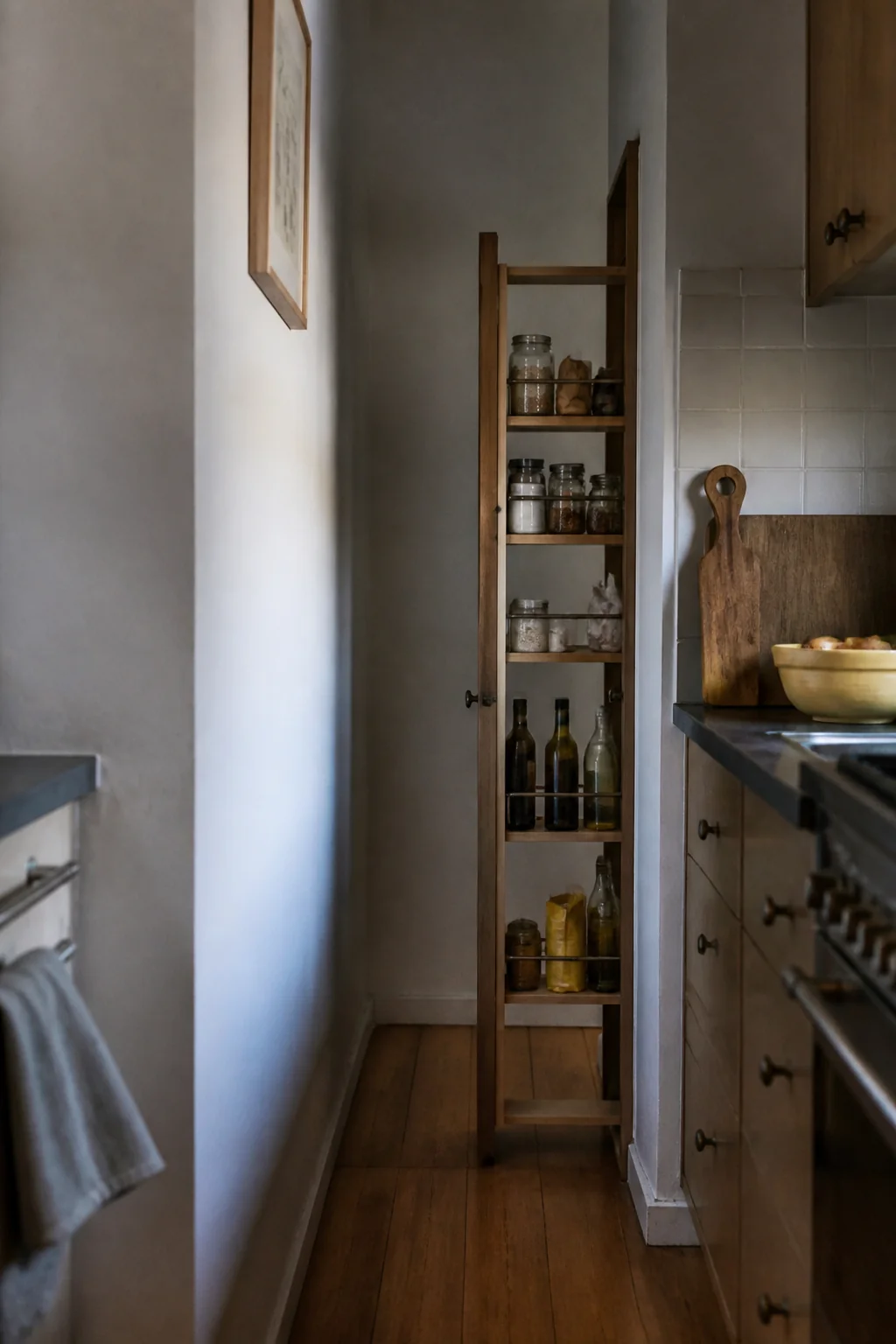 Slim pull-out pantry cabinet for shared household items