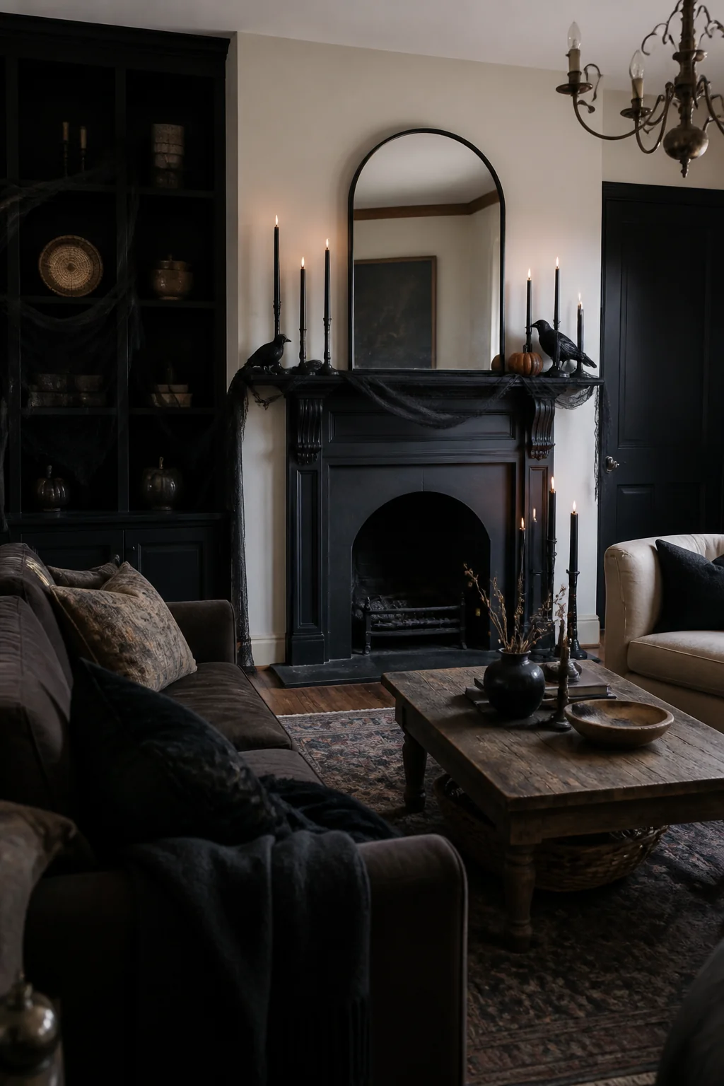 Use tall black candles in corners and by the fireplace