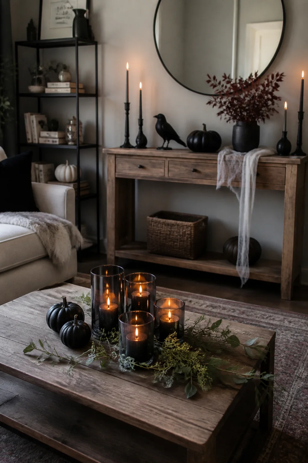 Group votives with greenery on your coffee table or console