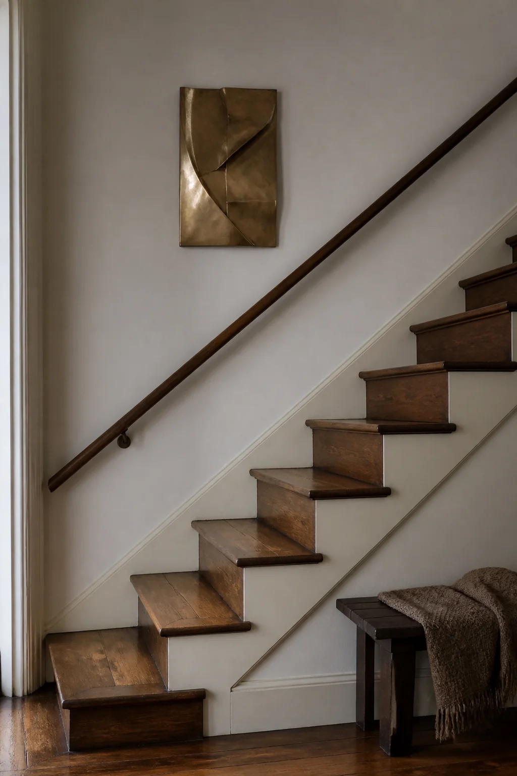 Install metal artwork or wall sculpture at mid-staircase