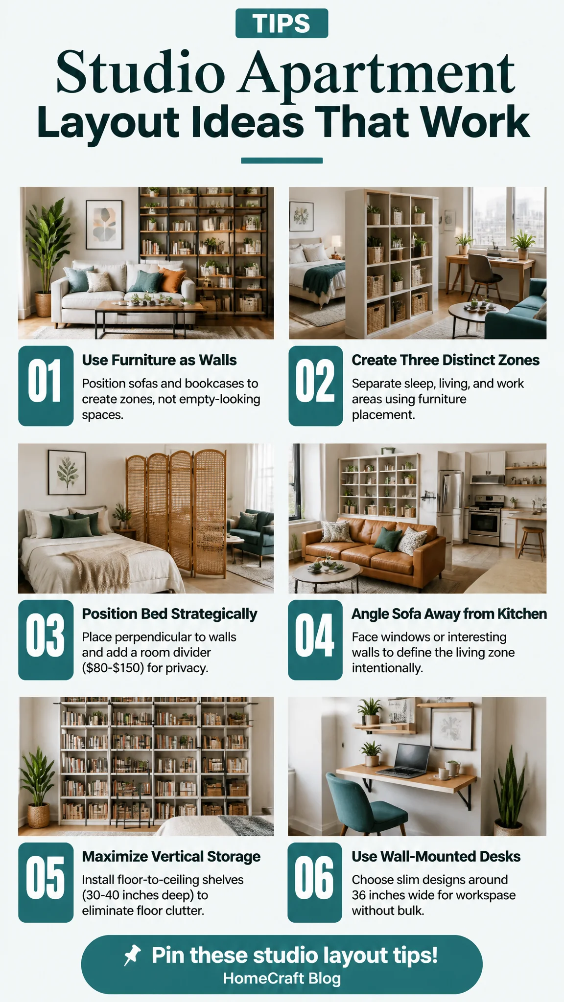 Infographic: When you need to see how furniture actually goes in a one-room space, this infographic breaks it down. Real studio apartment layout diagrams show you furniture placement, zoning techniques, and how to arrange a studio apartment layout for maximum function. Print it, bookmark it, or screenshot it for the moment when you're staring at your room wondering where everything belongs. Come back here whenever you're rearranging.