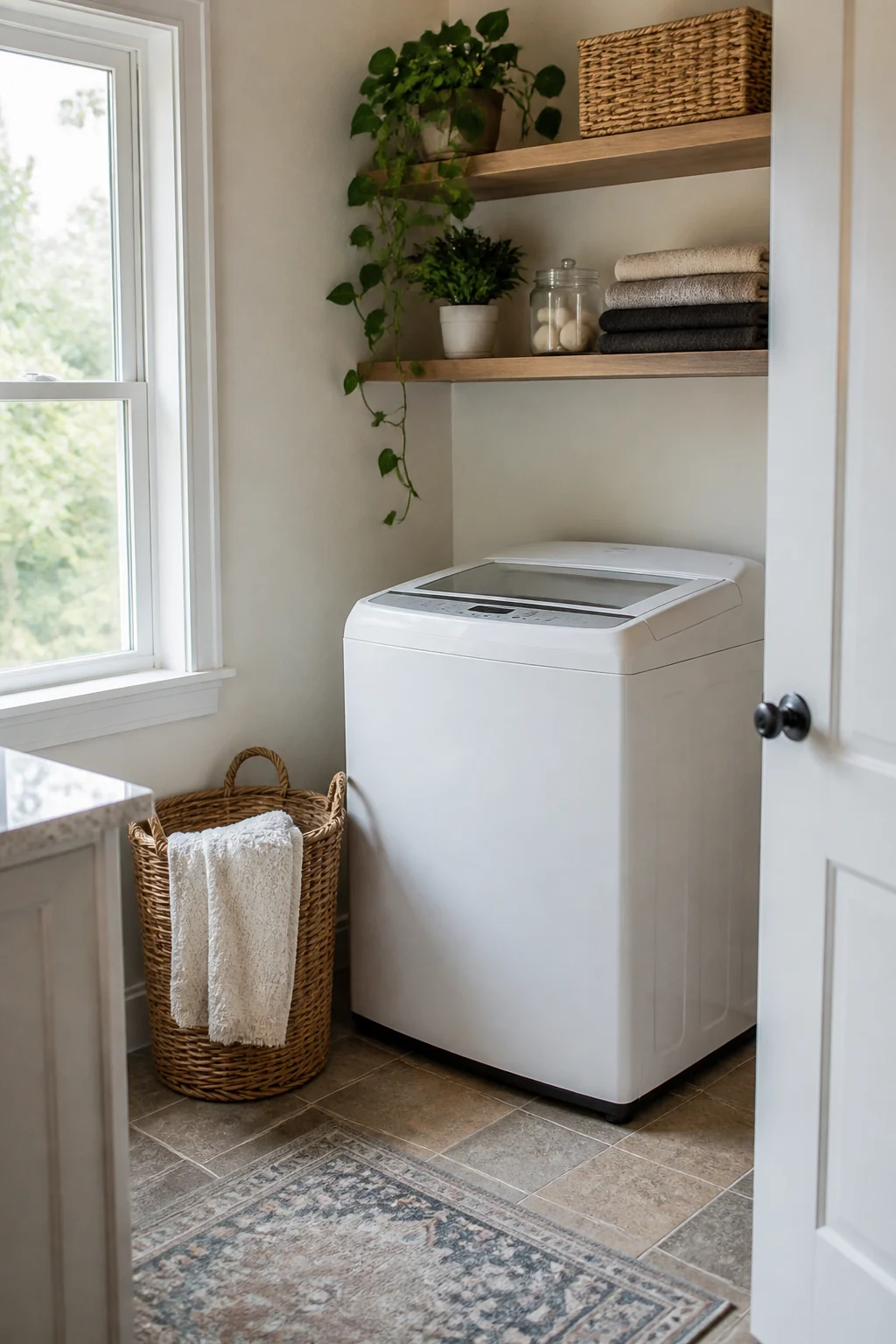 Floating shelves above the washer