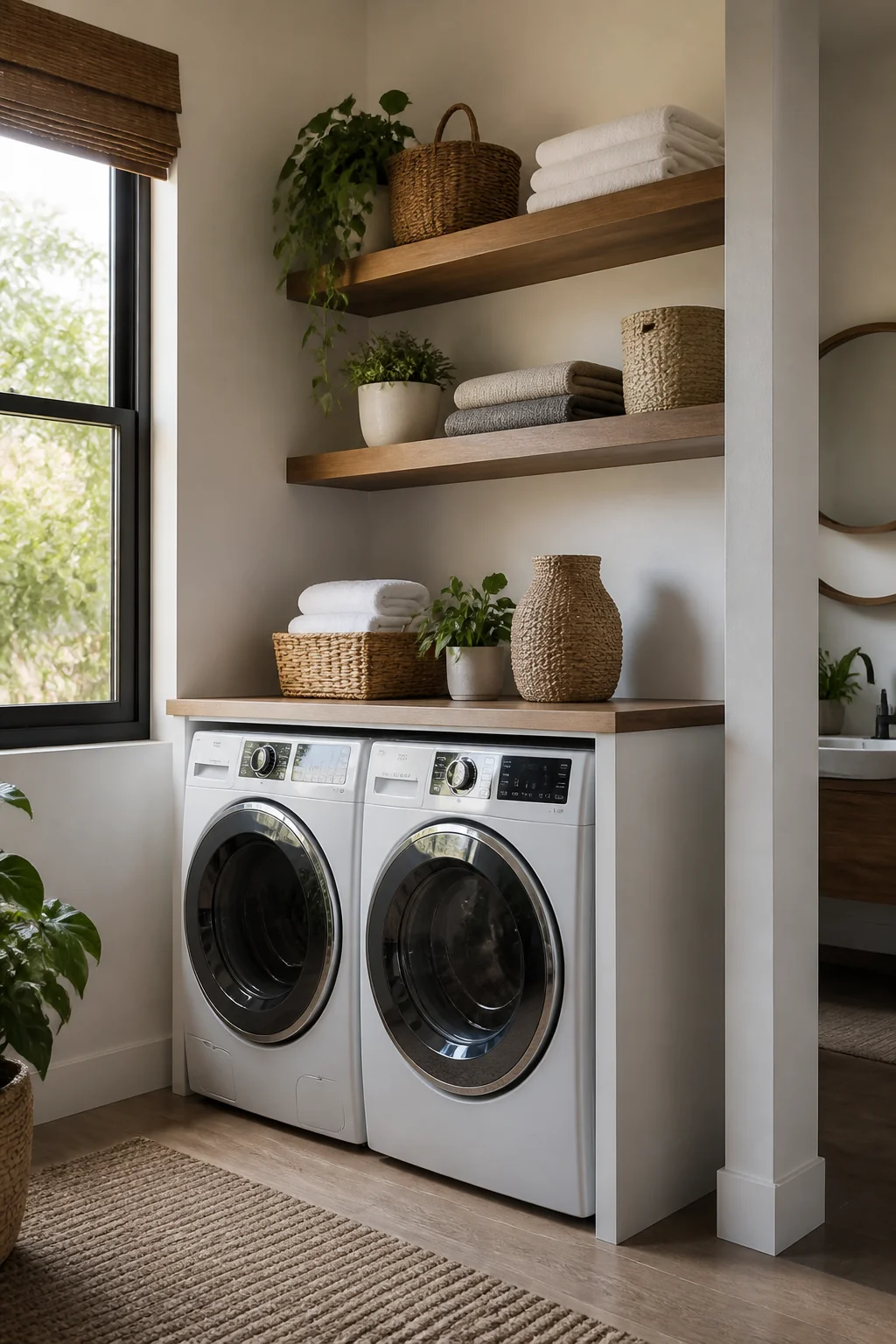 Floating shelves above the washer