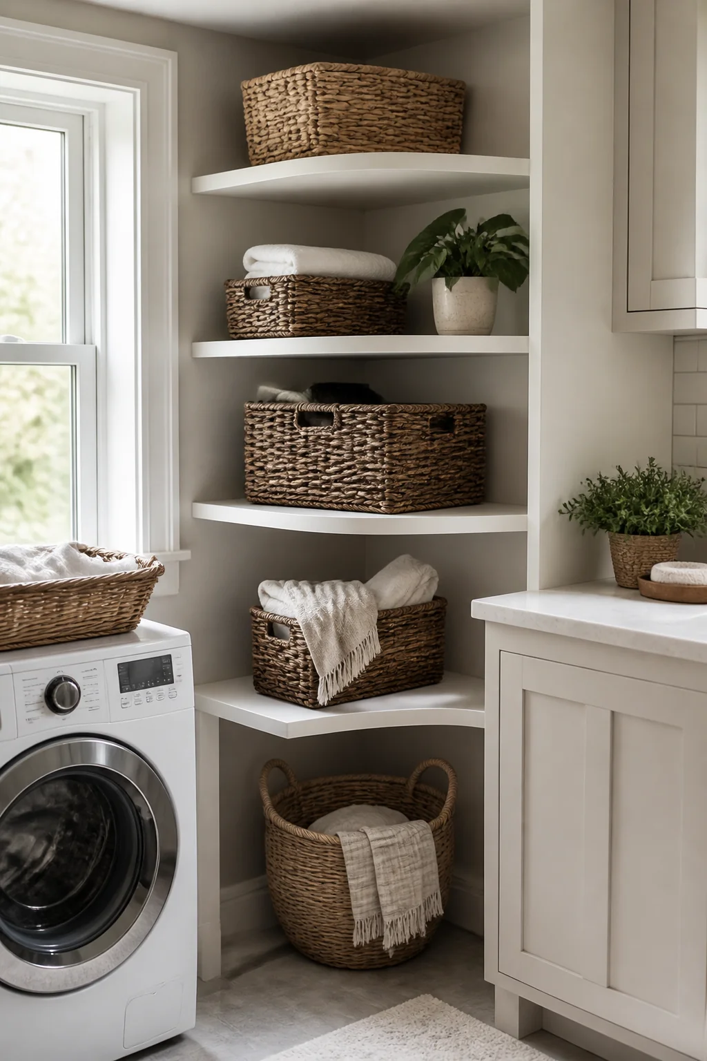 Corner cubbies with baskets