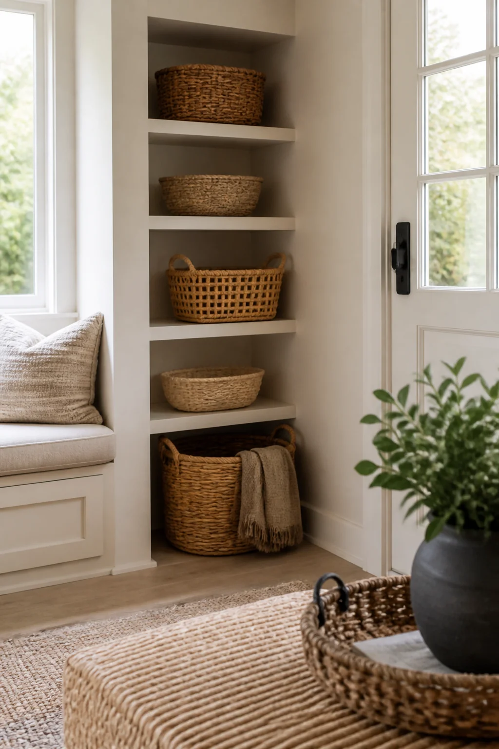 Corner cubbies with baskets
