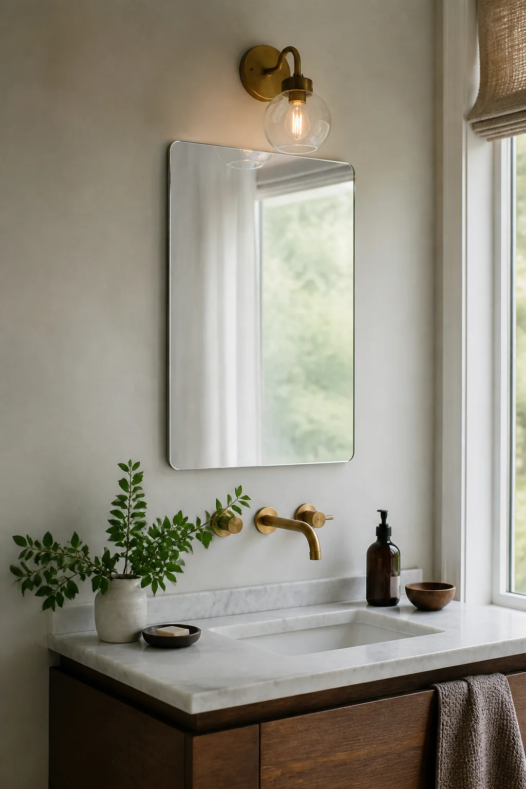 A small wall mirror above the sink