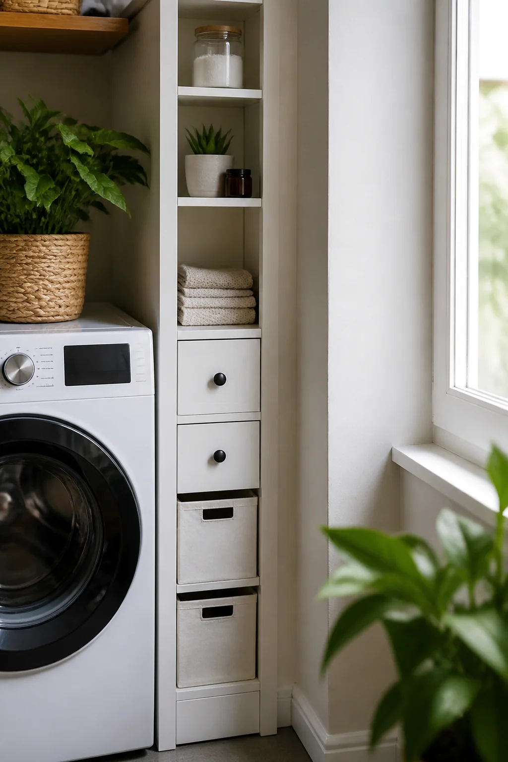 A narrow tall cabinet between washer and wall