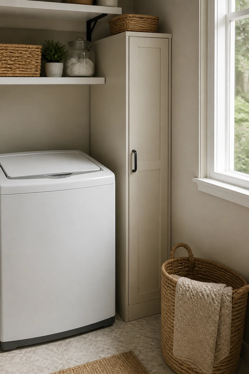 A narrow tall cabinet between washer and wall