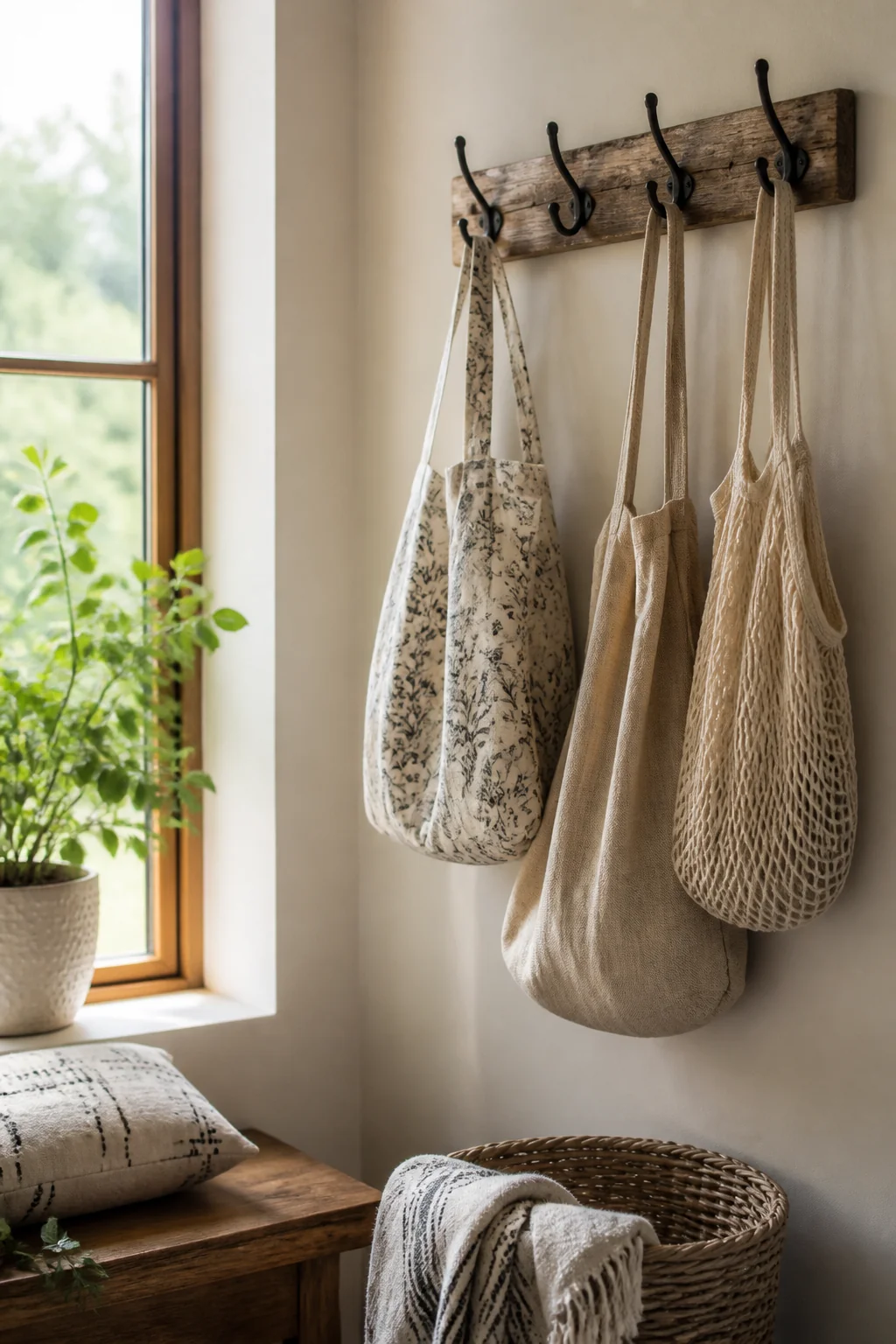 Fabric bags hung on wall hooks