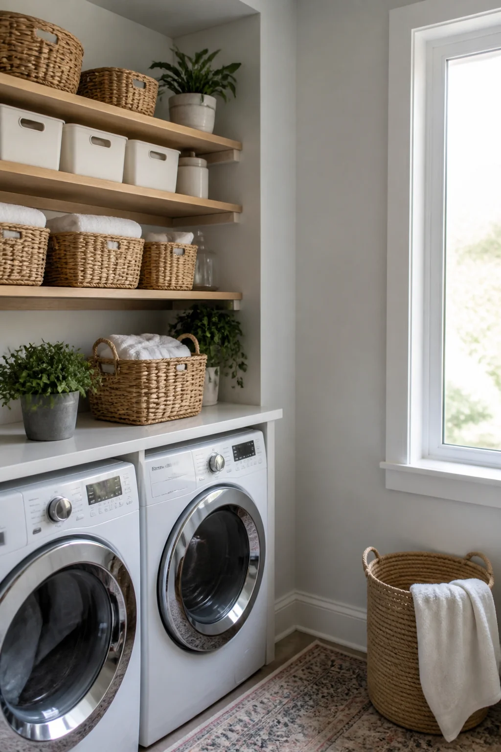 Open wall shelving with baskets and bins