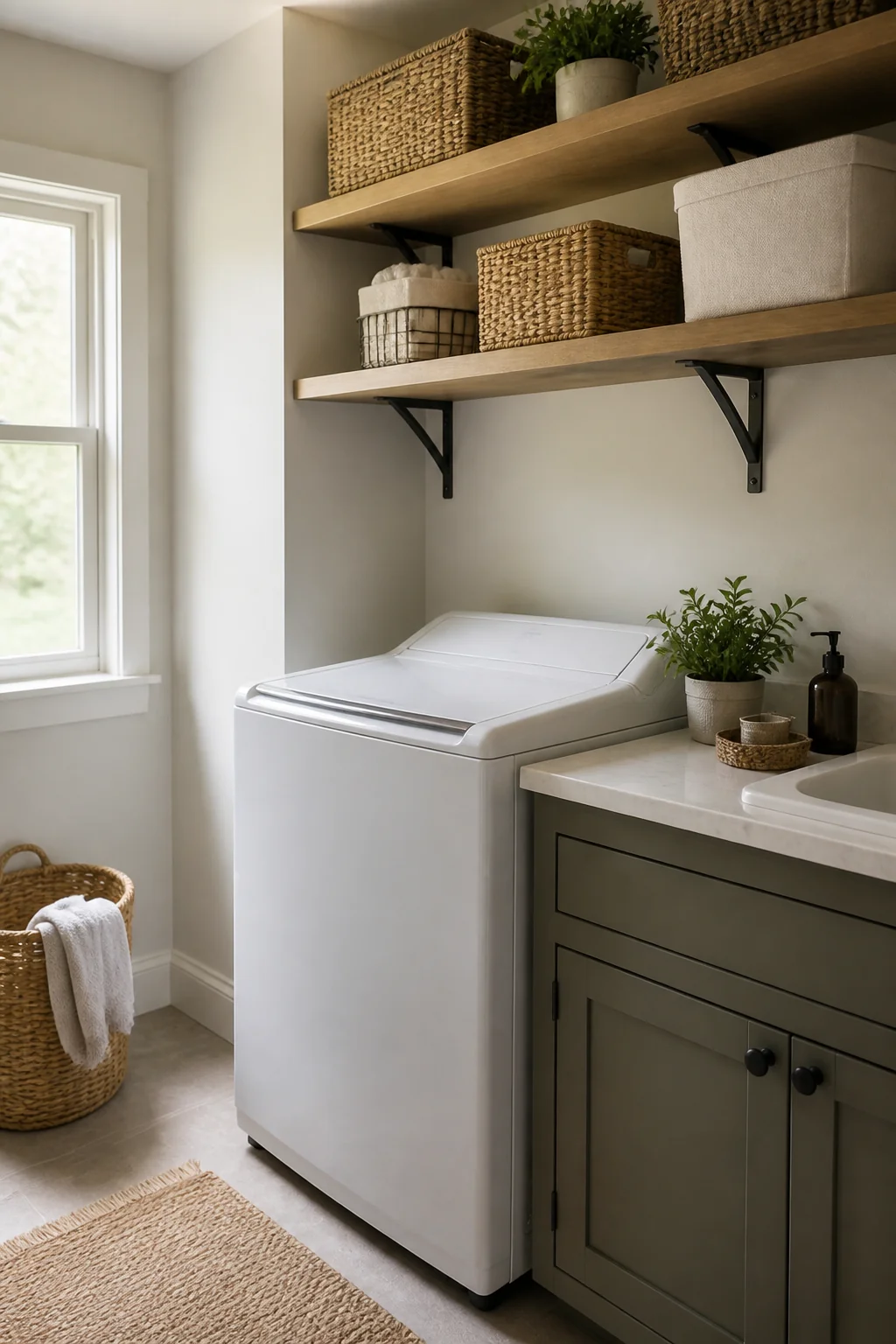 Open wall shelving with baskets and bins