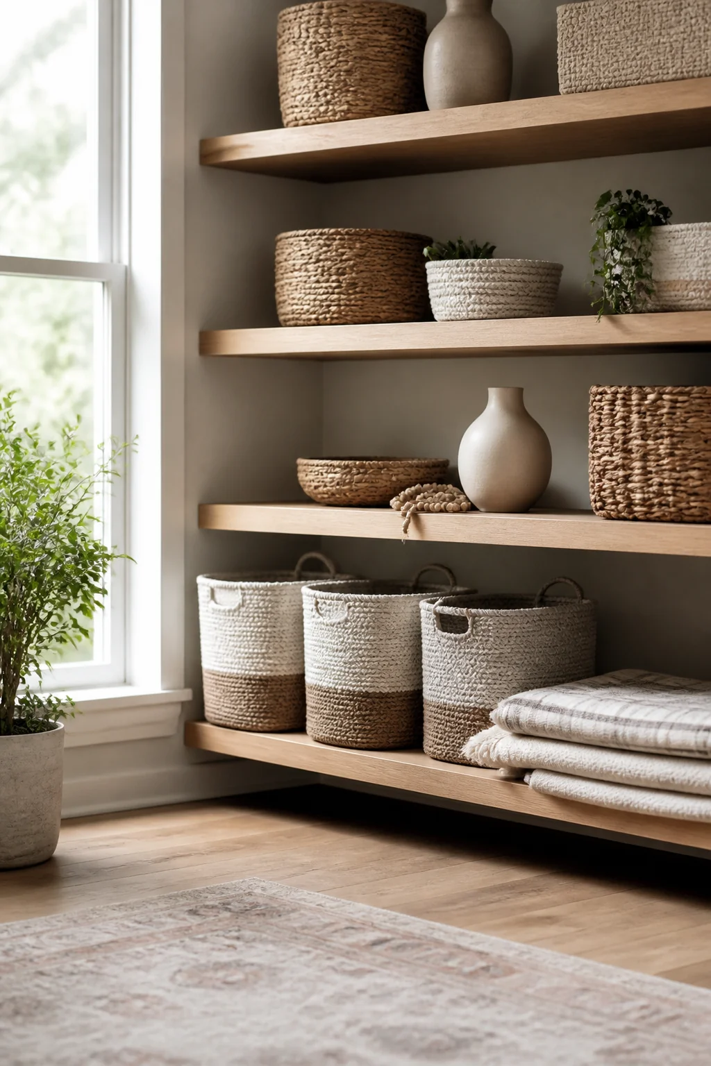 Open wall shelving with baskets and bins