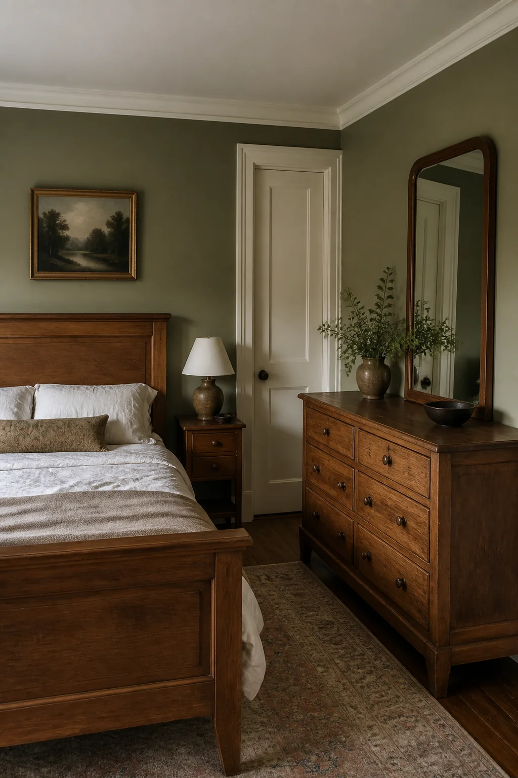 Add a wood dresser or chest that matches your bed