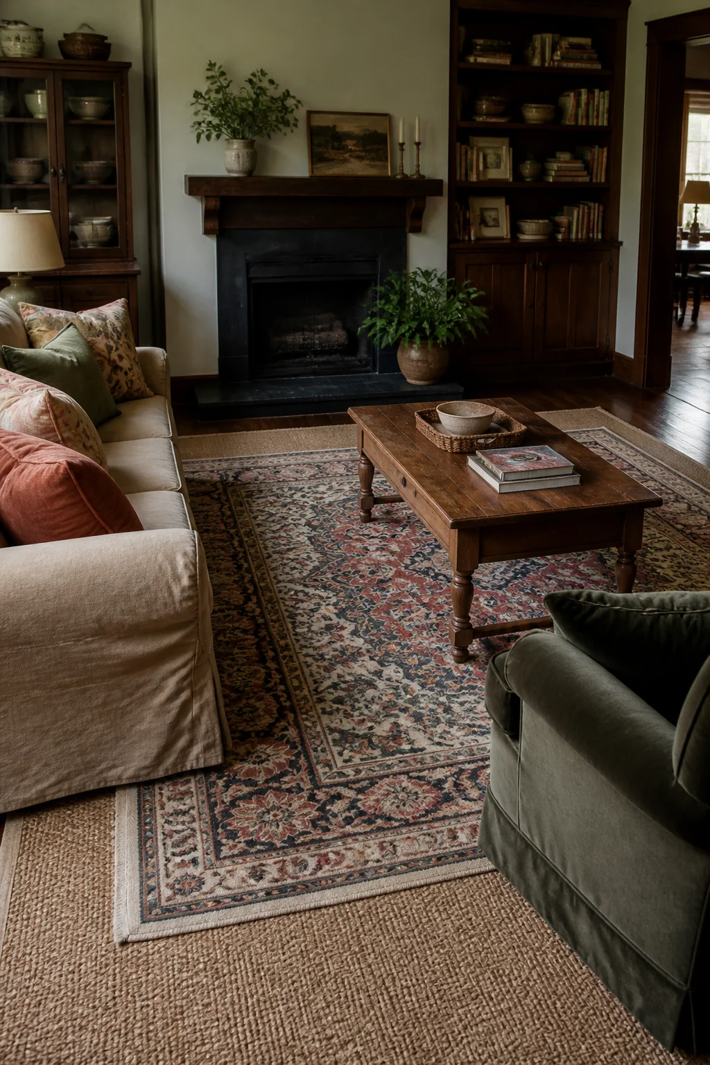 Layer a patterned rug over a larger solid base