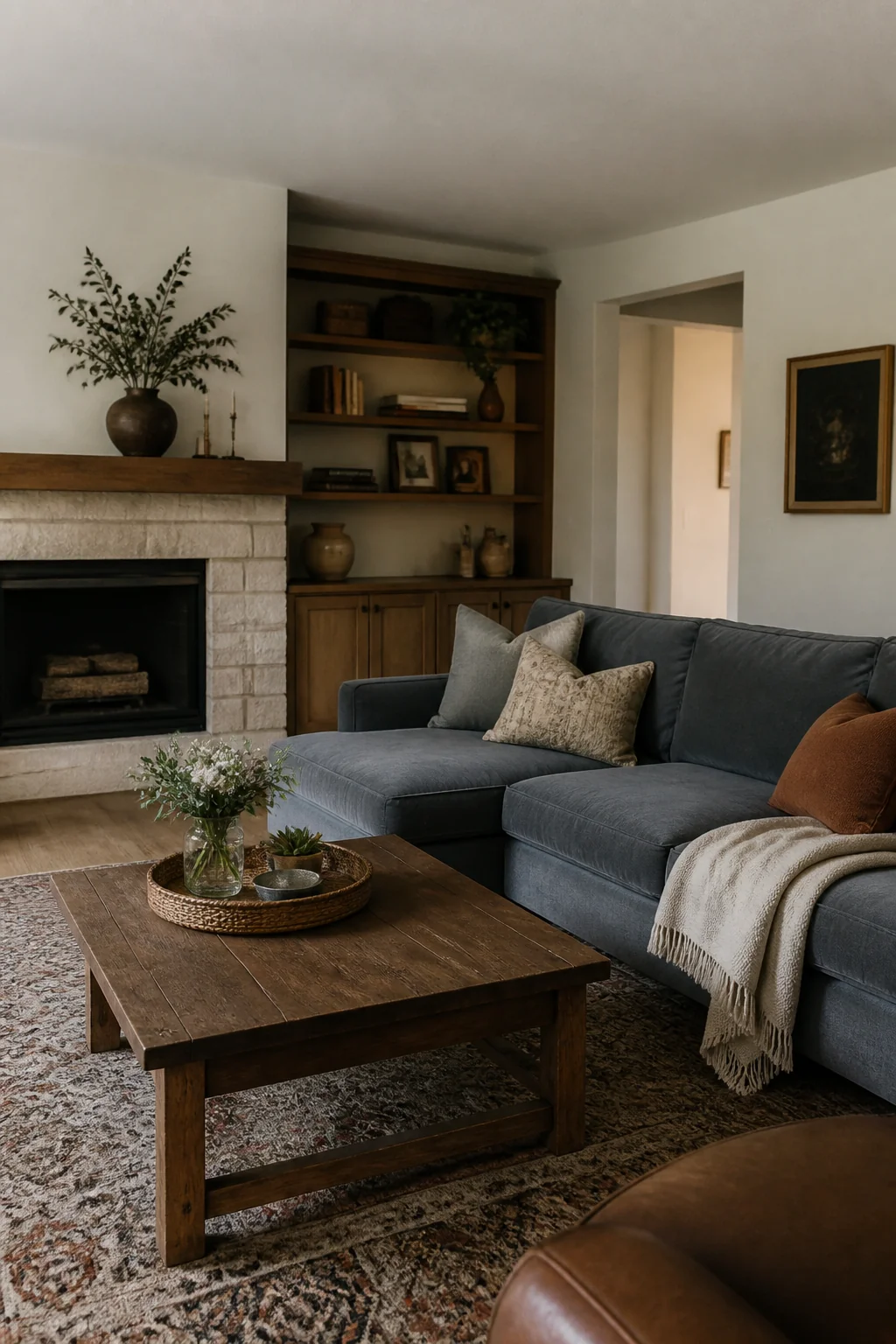 Anchor the room with a coffee table in wood or stone
