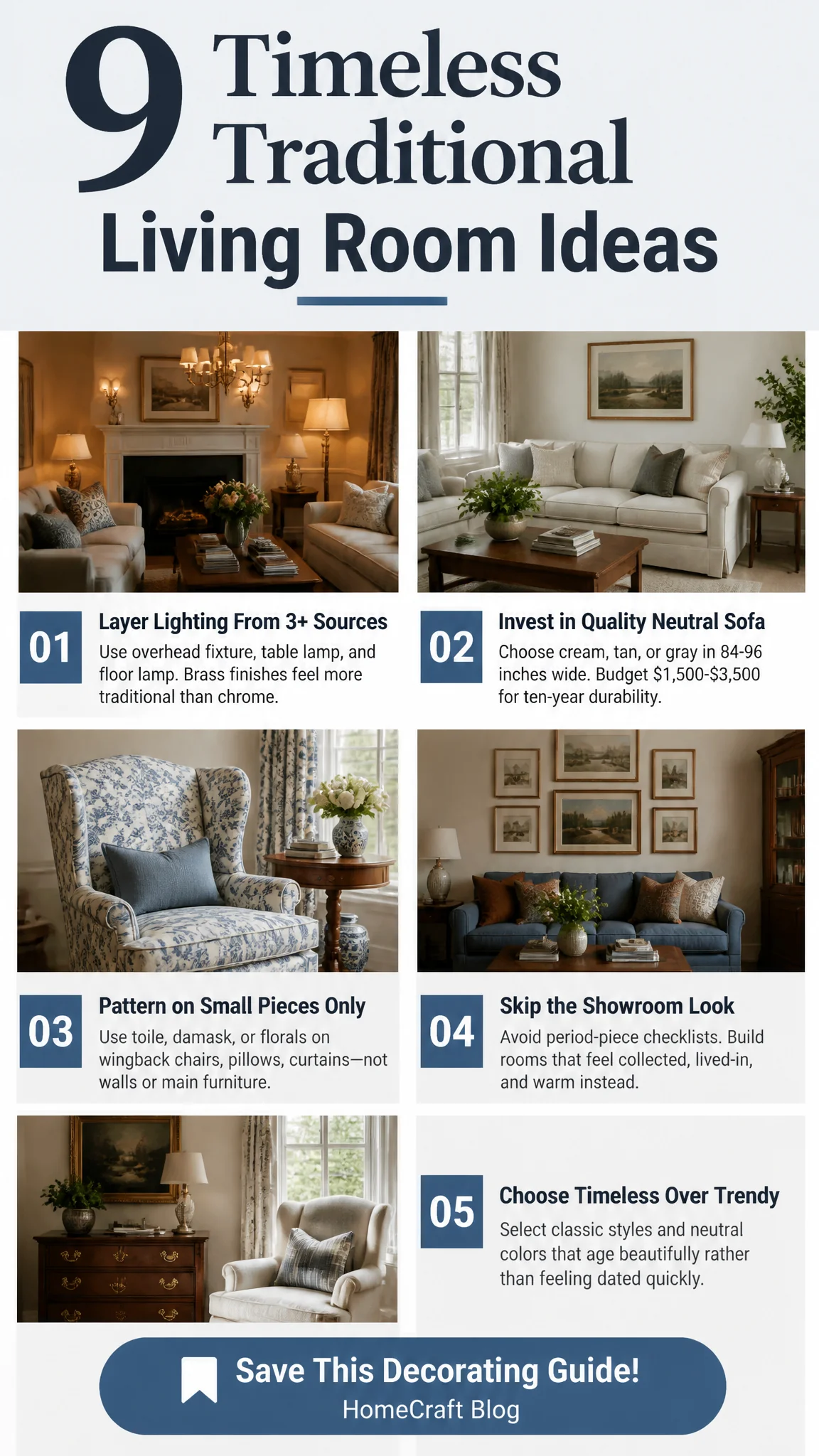 9 Timeless Traditional Living Room Decor Ideas With Staying Power — illustrated summary